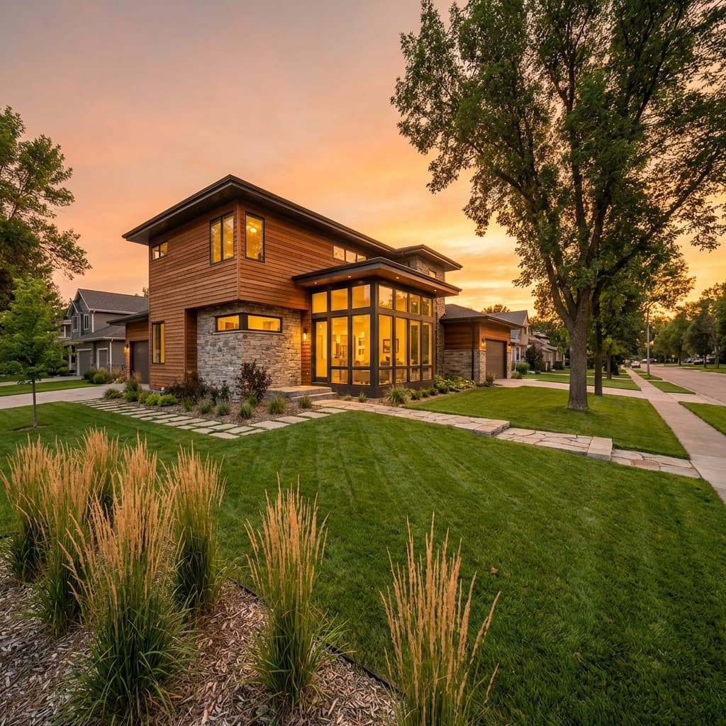 Beautiful home exterior at sunset